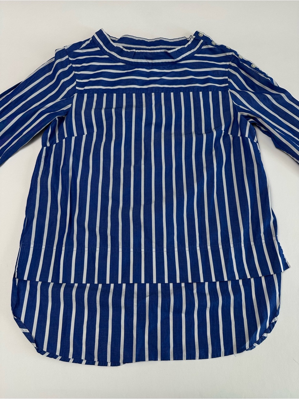 Coastal Prep Blue Striped Funnel Neck Tunic Top Nautical Old Money Button - Picture 10 of 10